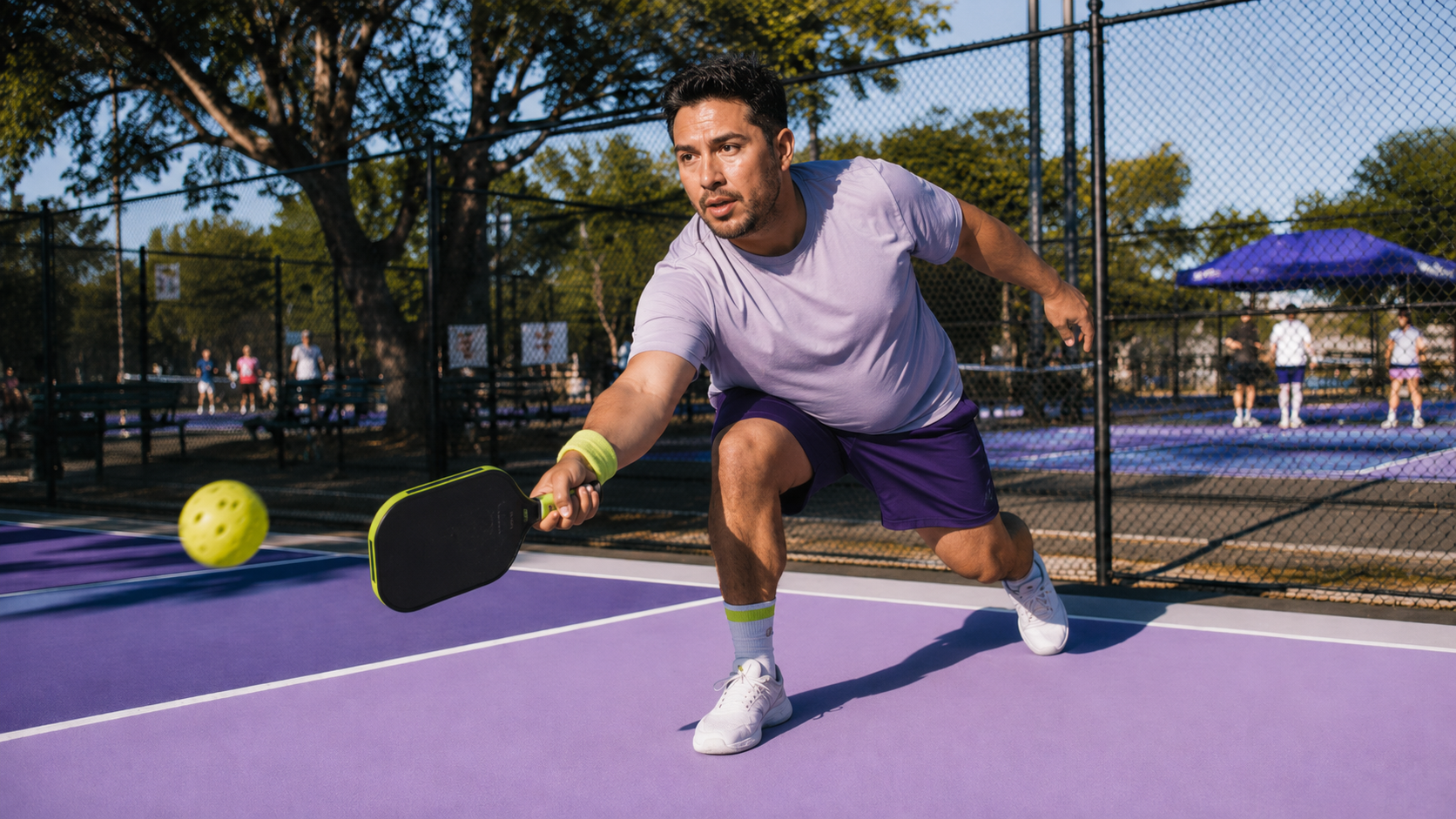 A patient playing pickleball on a purple court