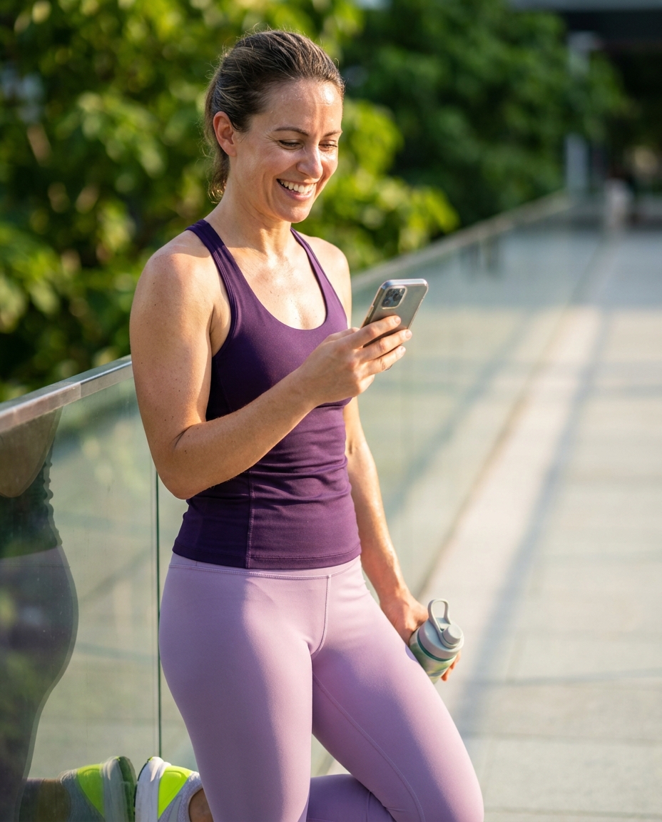 Patient checking her phone after a workout